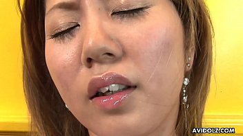 Vapid chested Asian fucktoys her shaggy slit for the camera