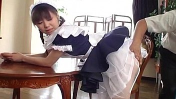 Pretty Asian maid Natsumi exposes hot gash for finger-tickling